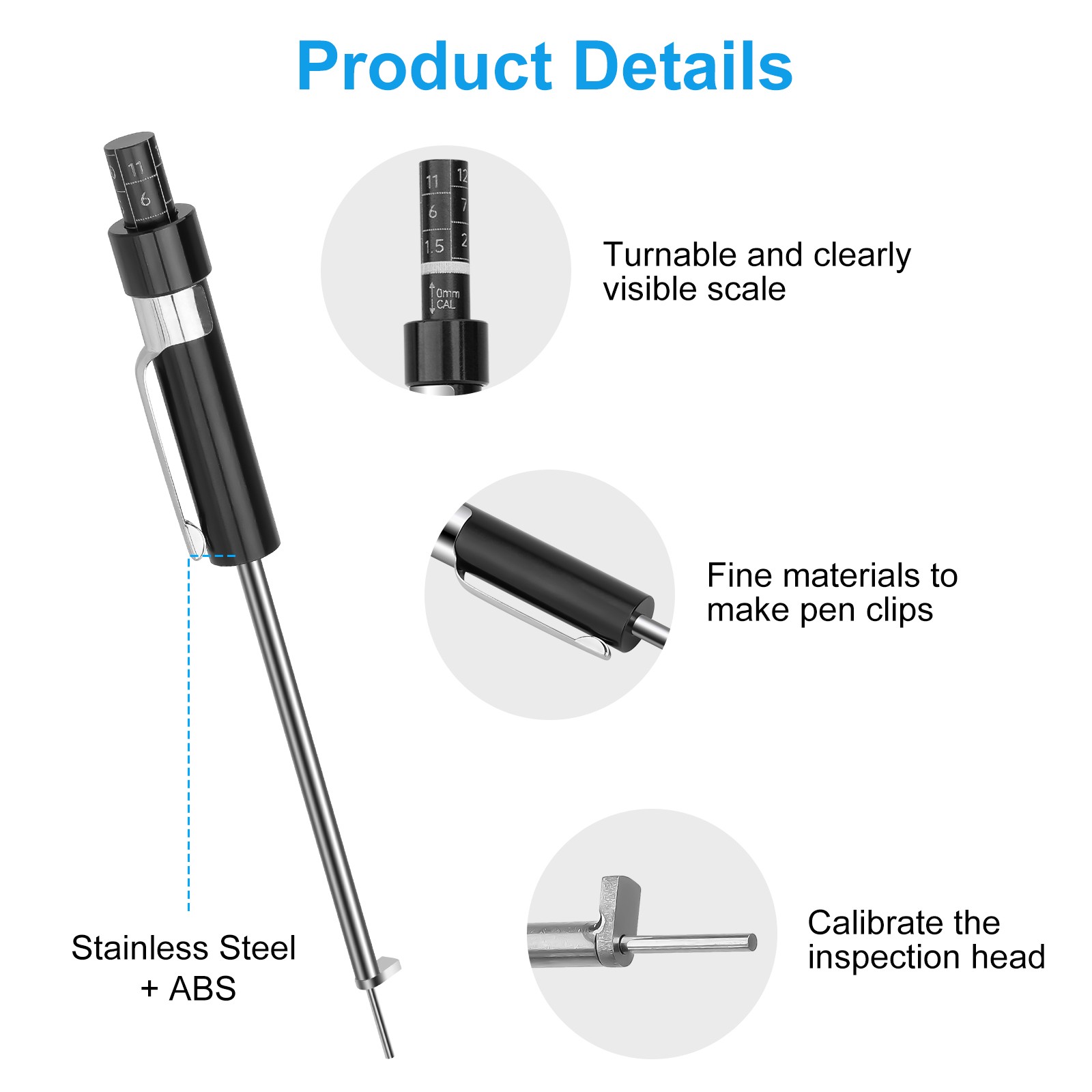 Brake Pad Thickness Gauge Measure Tool w/ Scale car Detection Pen Base Plate 6mm