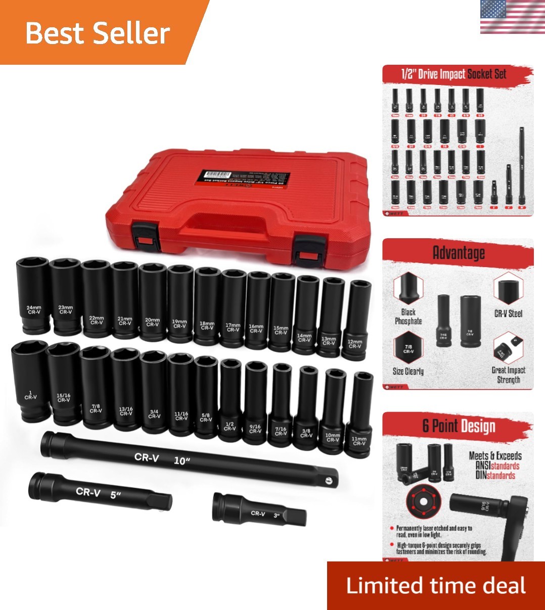 Professional 29-Piece Impact Socket Set with Easy-Read Sizes & Extension Bars