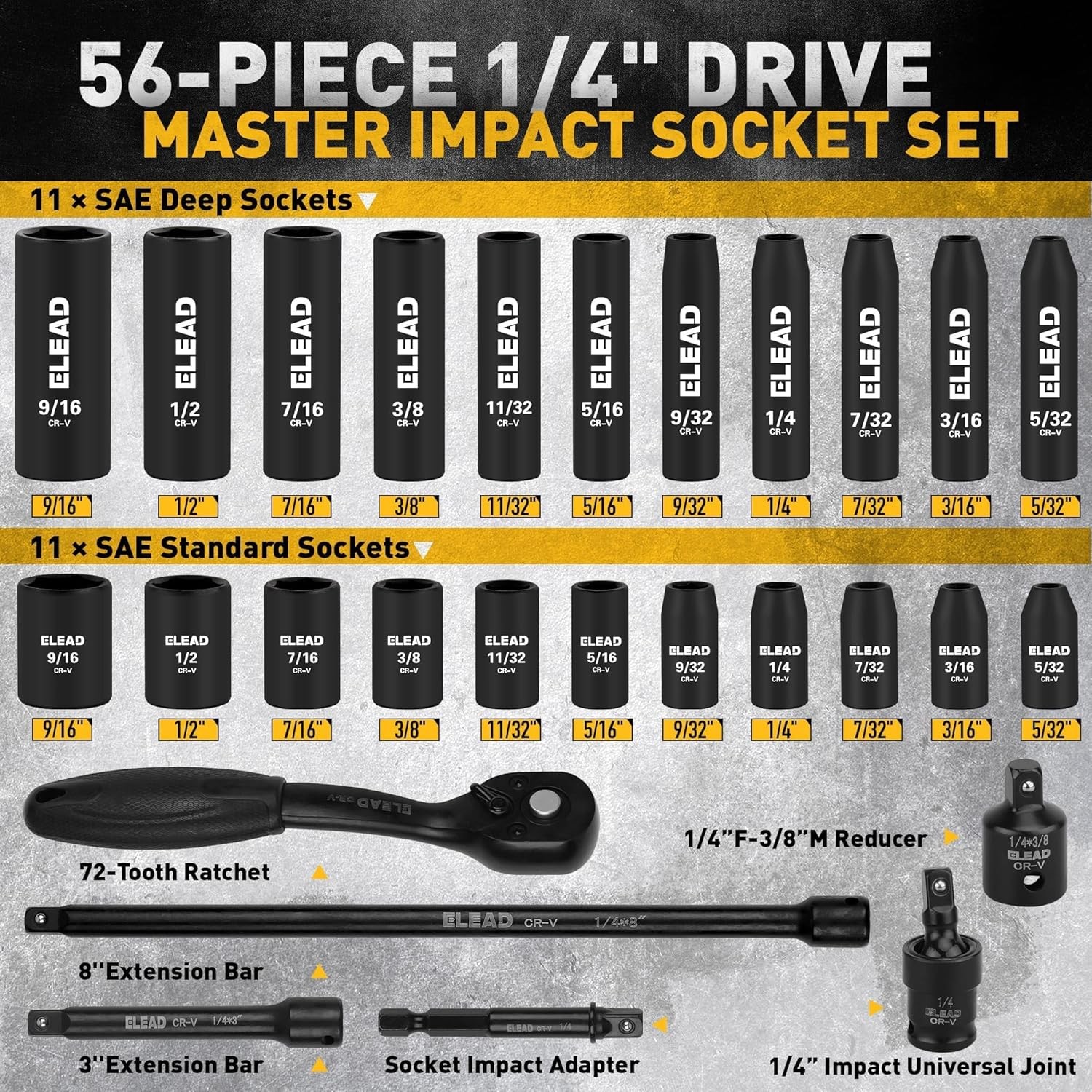 56pcs 1/4″ Drive Impact Socket Set with Case,SAE & Metric,Deep & Shallow,6-Point