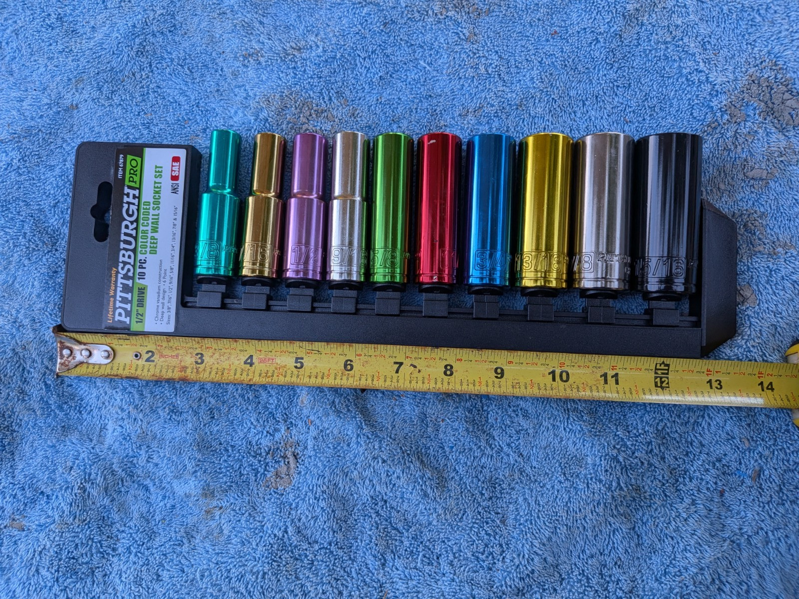 Pittsburgh Pro 1/2″Dr. Color Coded Deep Socket Set #67879 Nice