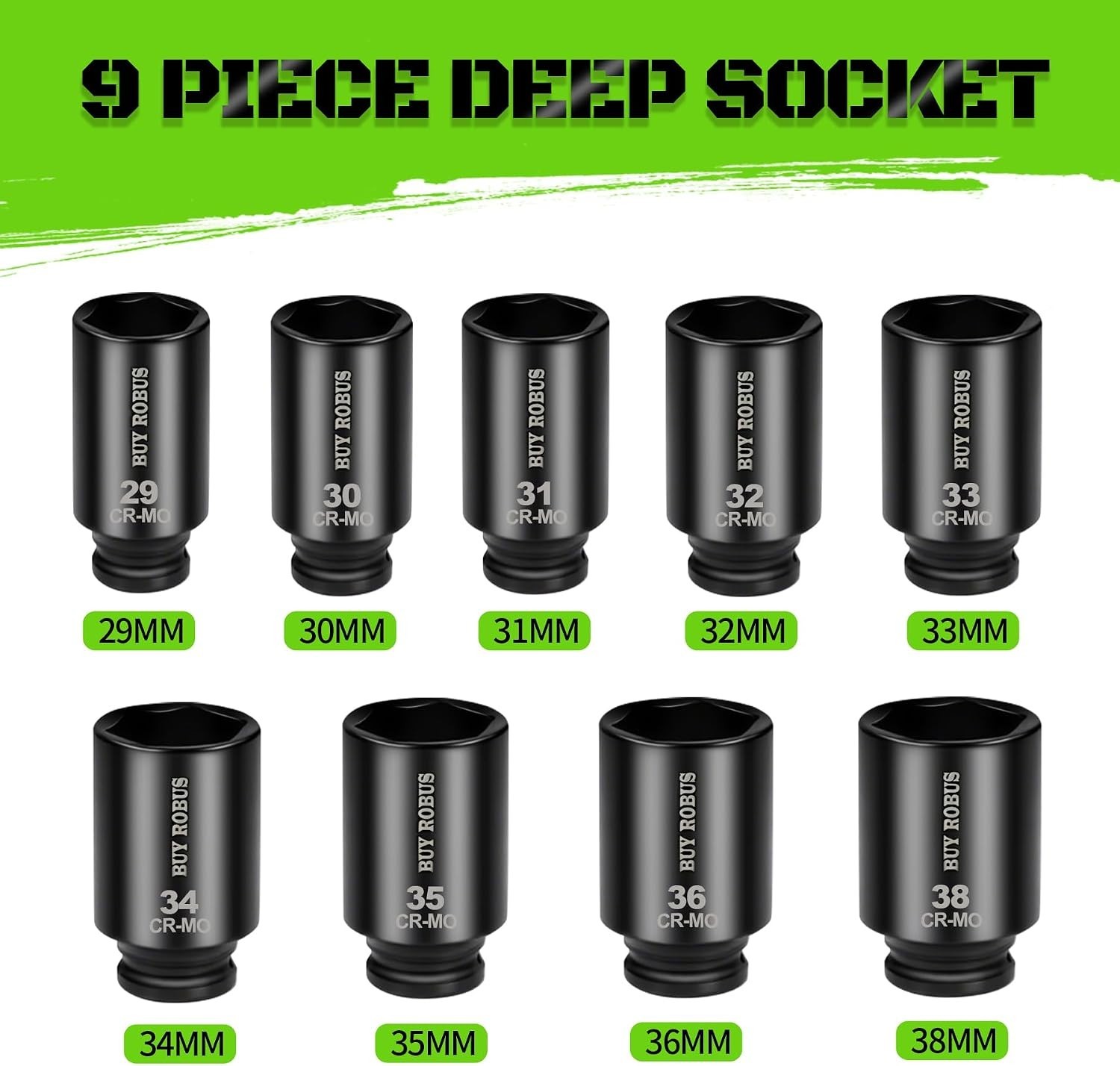 1/2″ Drive Deep Impact Socket Set Metric Axle Nut Sockets 6Pt Cr-Mo 29-38mm 9Pc