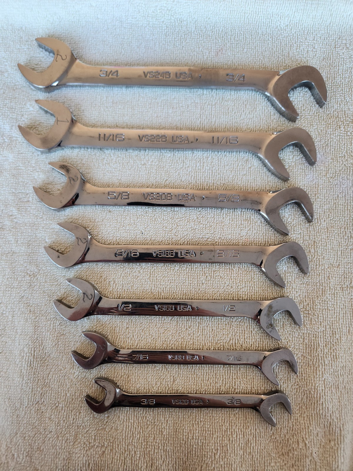 Snap On 7 Piece SAE Four-Way Angle Head Open-End Wrench Set VS807B