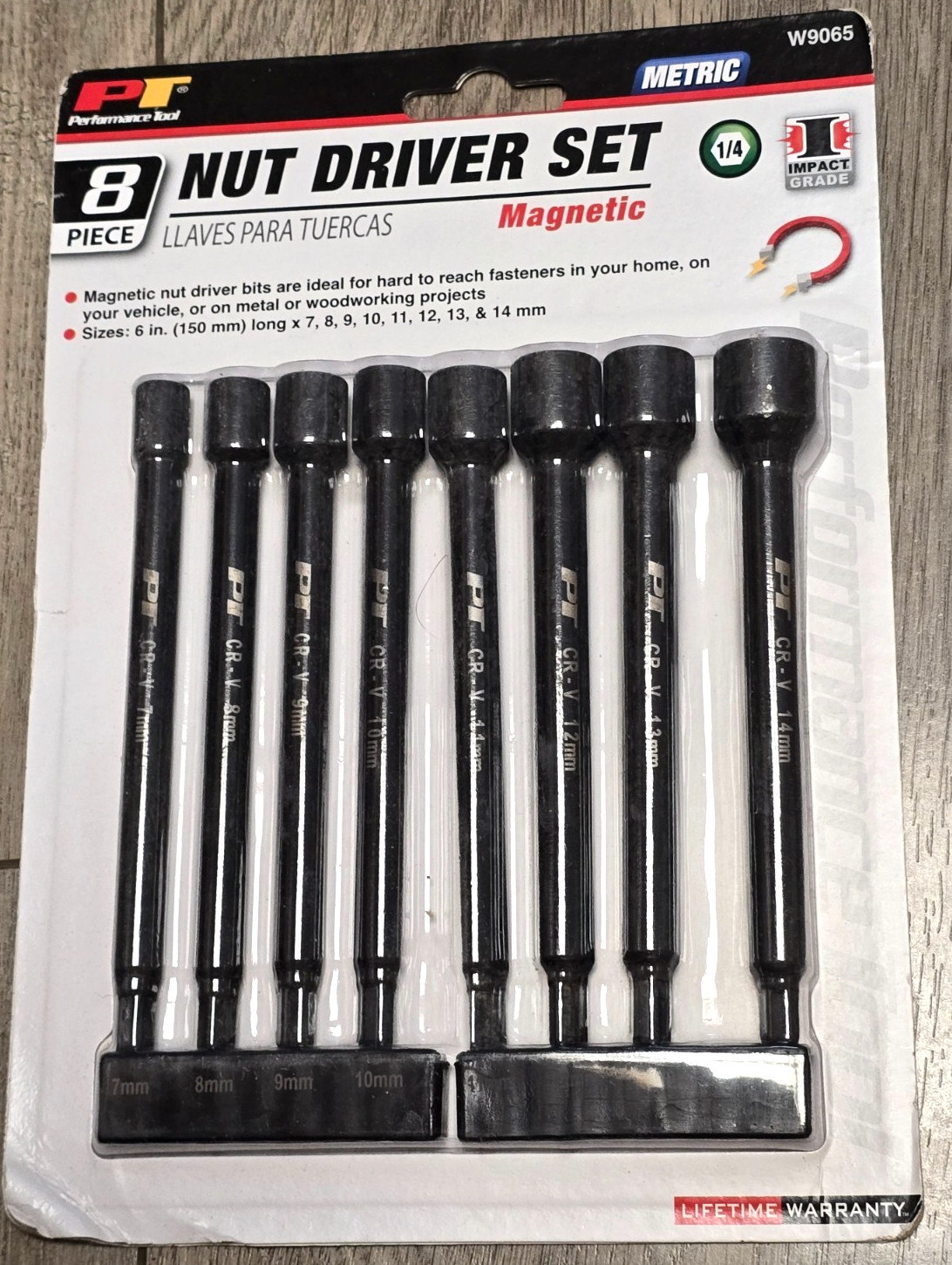Performance Tool W9065, 8pc 1/4 Hex Metric Magnetic Impact Nut Drivers, 6″ Long.