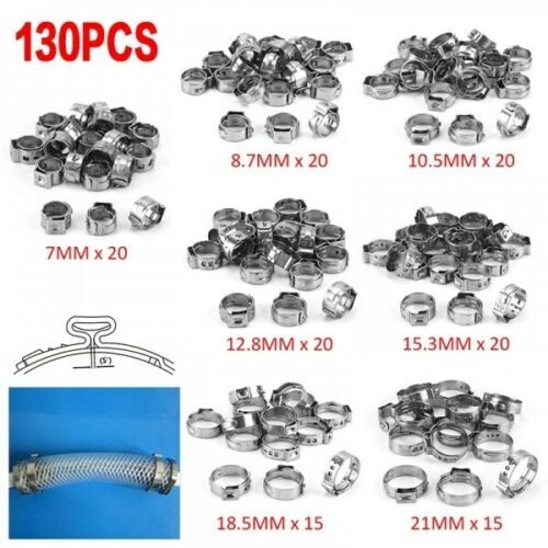 130/100PCS Hose Clamp Assorted Stainless Steel Ear Cinch Rings Crimp Pinch Set