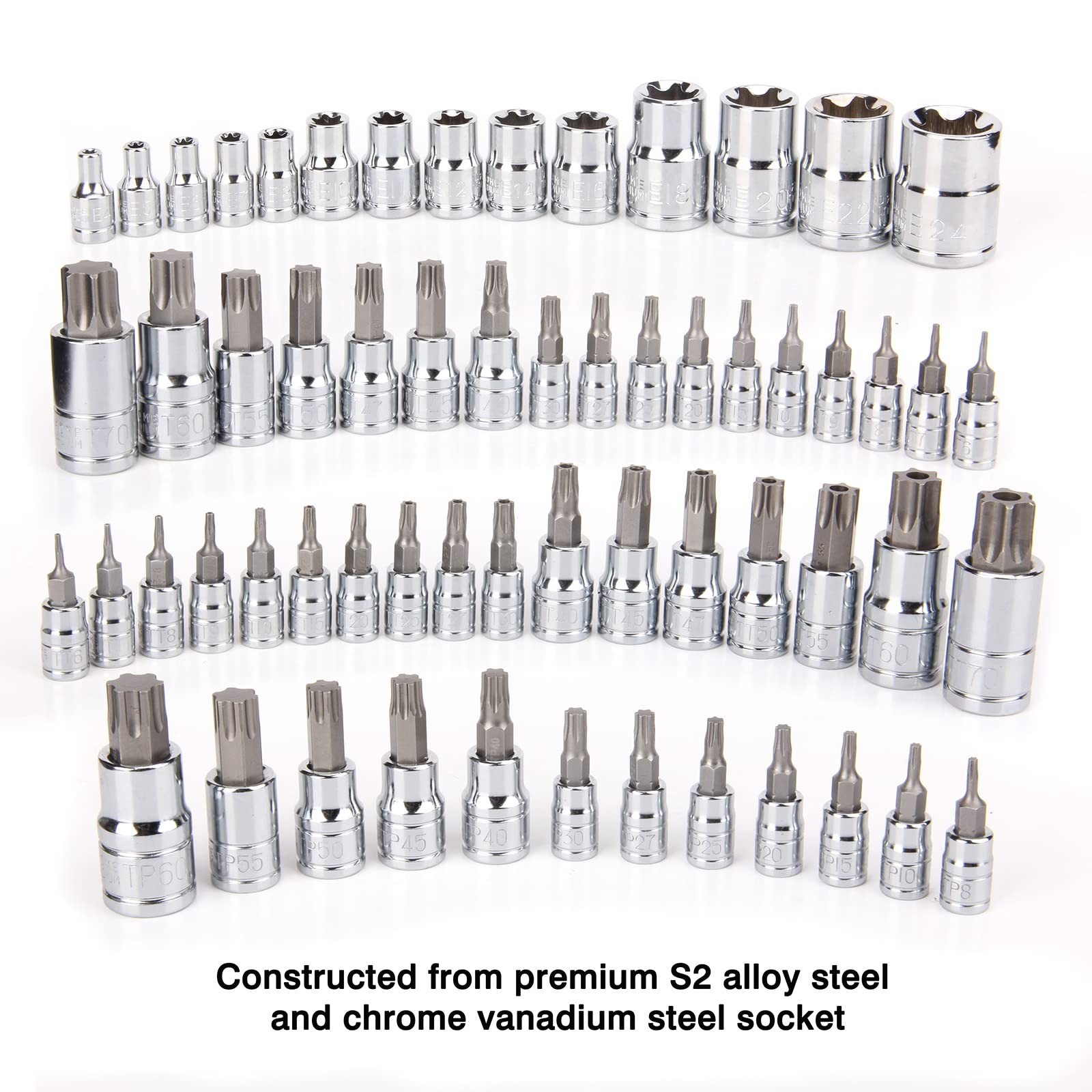 60-Piece Torx Bit Socket & External Socket Set, S2 Cr-V Steel, E4-E24, T6-T70, T