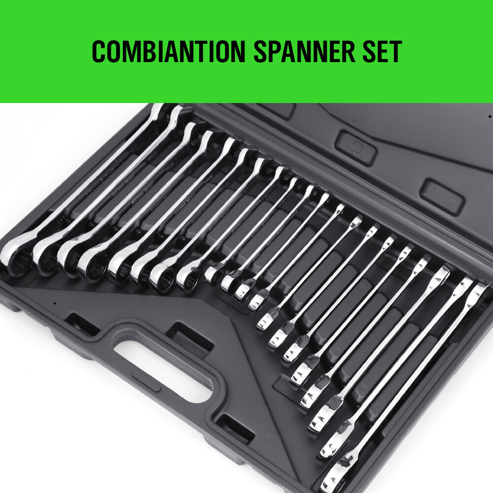 20pc Ratcheting Wrench Combination Flat Ratchet Spanner Set Inch & MM With Case