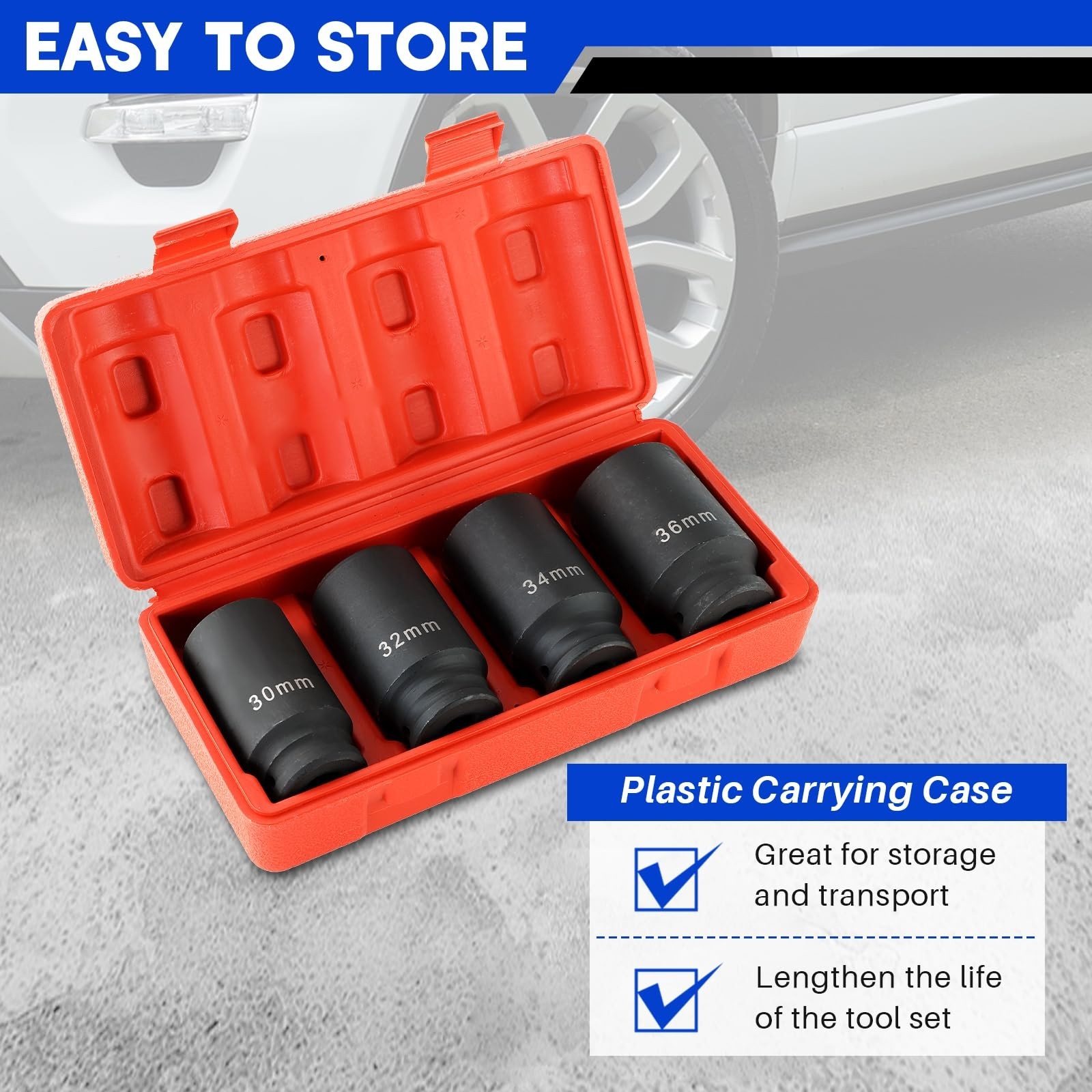 Heavy Duty 1/2″ Drive Deep Impact Socket Set 4PCS – Metric 30mm, 32mm, 34mm, 36m