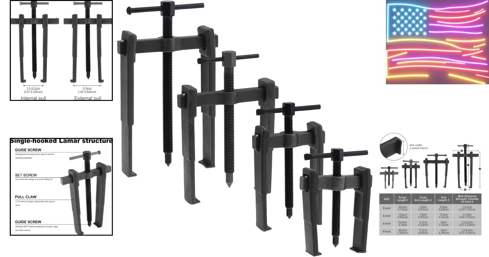 4 Pcs 2 Jaw Gear Puller Set Heavy Duty Carbon Steel