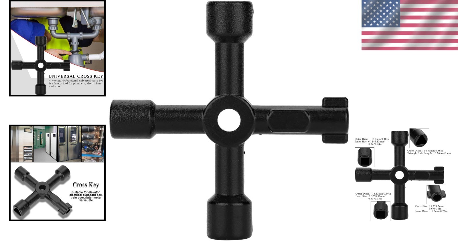 Black Universal 4-Way Zinc Alloy Cross Key for Electric & Gas Access Tools