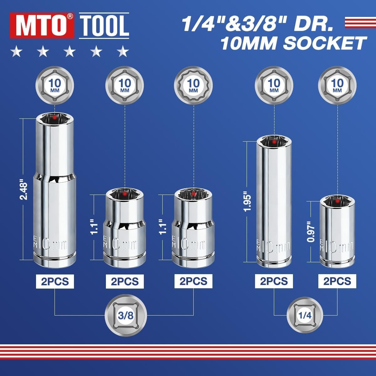 10PCS 3/8″ & 1/4″ Drive 10mm Socket Set, Deep & Shallow Socket, 6 Point & 12 …