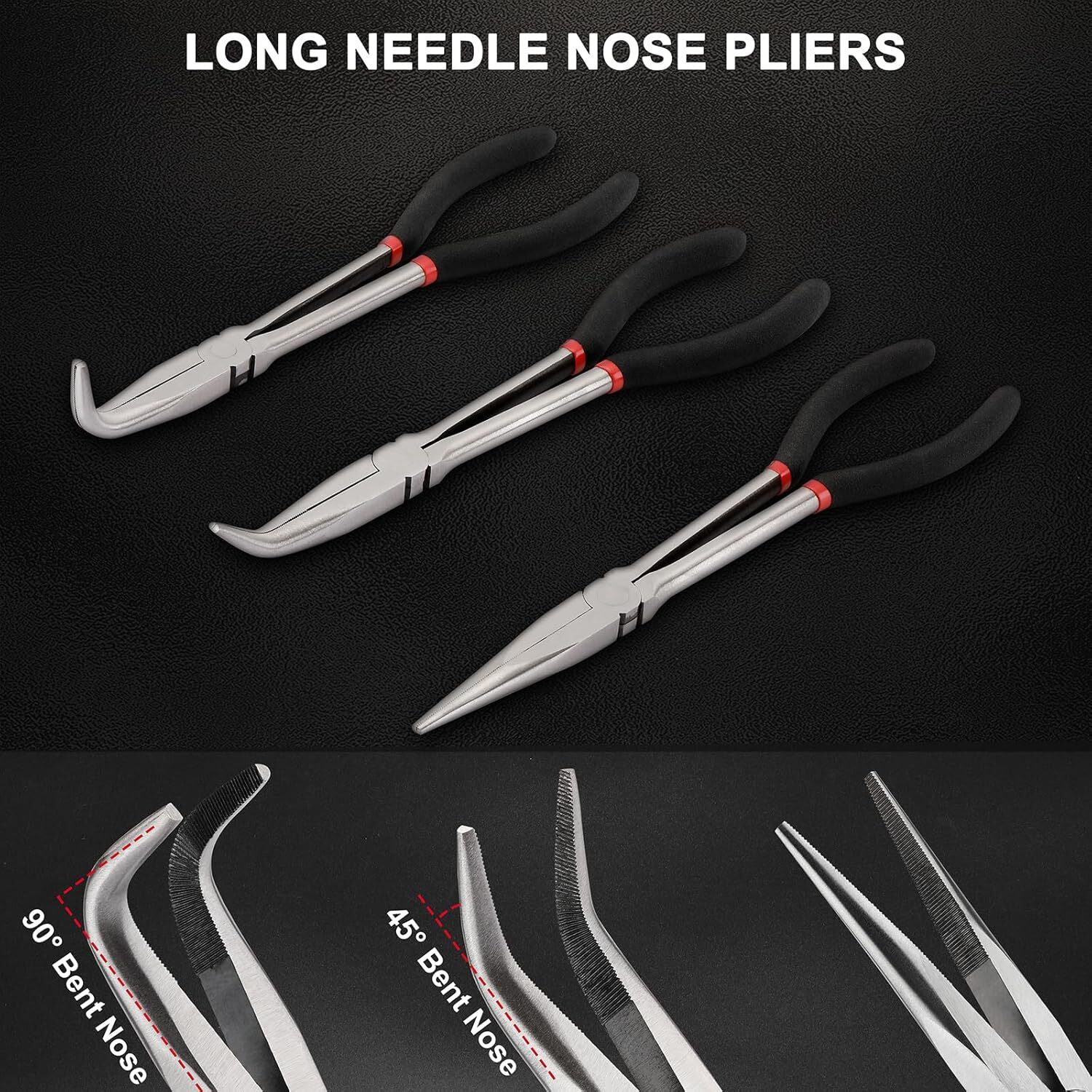 4PCS Long Reach Pliers Set-11″ Needle Nose 45 & 90 Bent Nose Diagonal Pliers