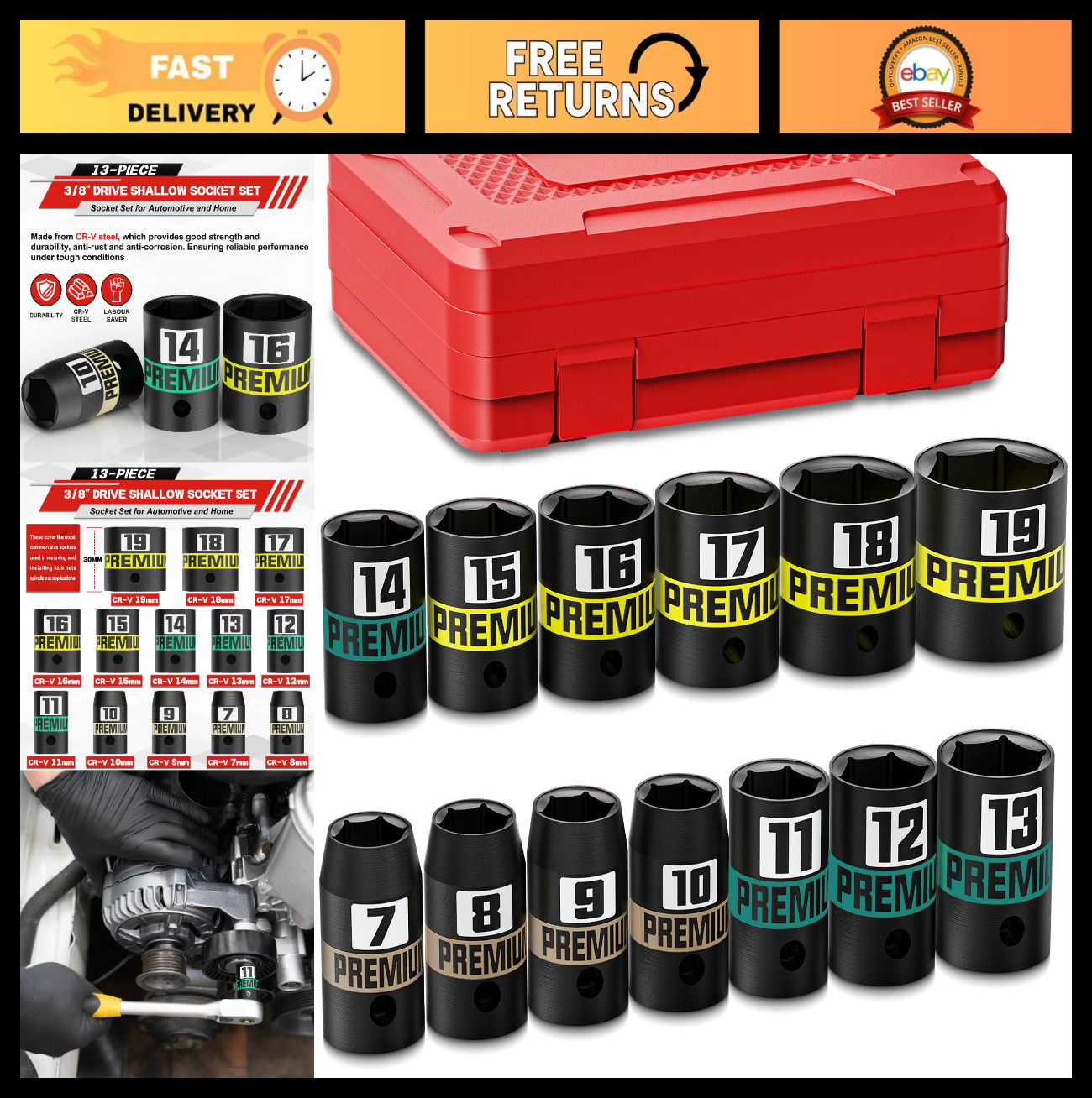 13-Piece 3/8″ Drive Metric Impact Socket Set, 7-19mm, Semi-Deep CR-V, 6 Point fo