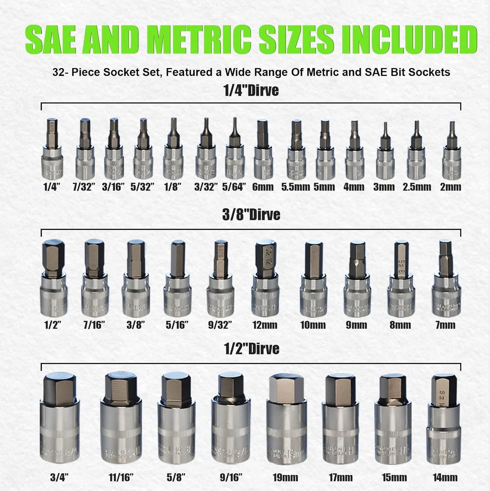 Allen Socket Set 32 Piece Hex Drive Includes SAE Metric Sizes Cr-V Steel Storage