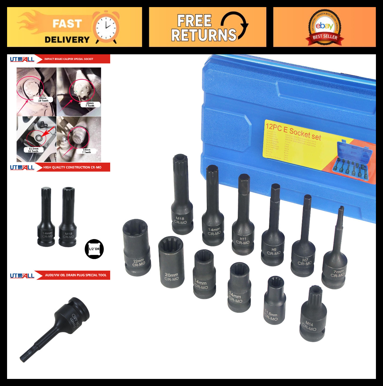 12PCS Brake Adjusting Tool Set – Caliper Socket Kit for Audi VW BMW Benz Ford, M