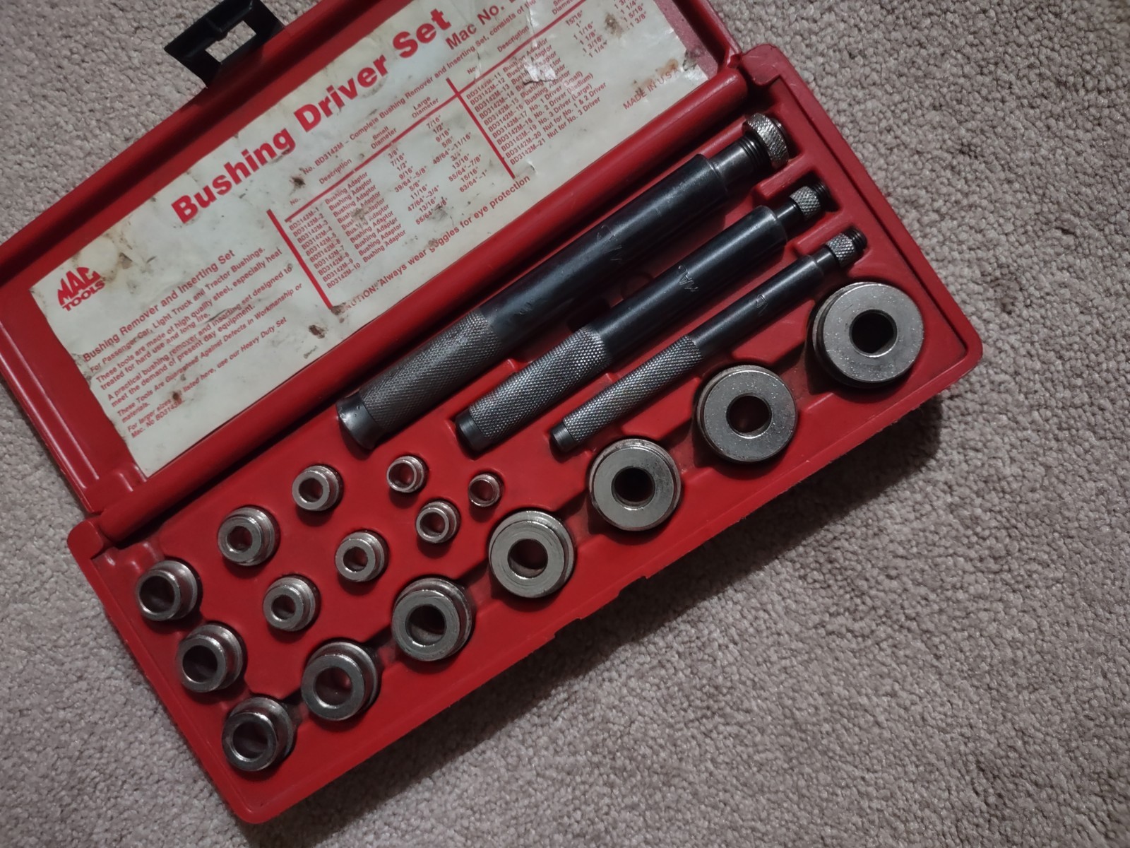 MAC TOOLS #BD3142M. 22pc Heavy Duty Bushing Driver Set #BD3142M