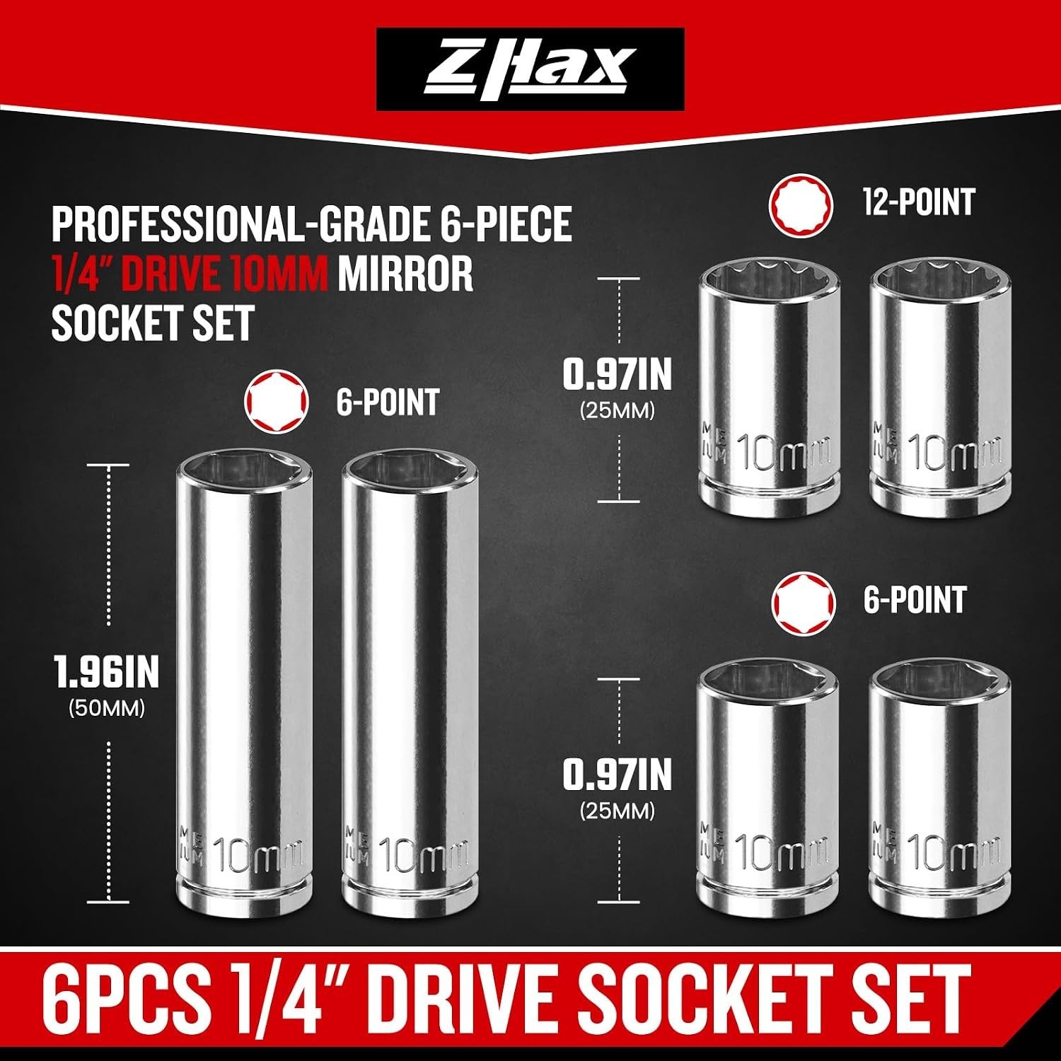 6PCS 1/4″ Drive 10mm Socket Set, Deep & Shallow, 6 Point & 12 Point, Mirror F…
