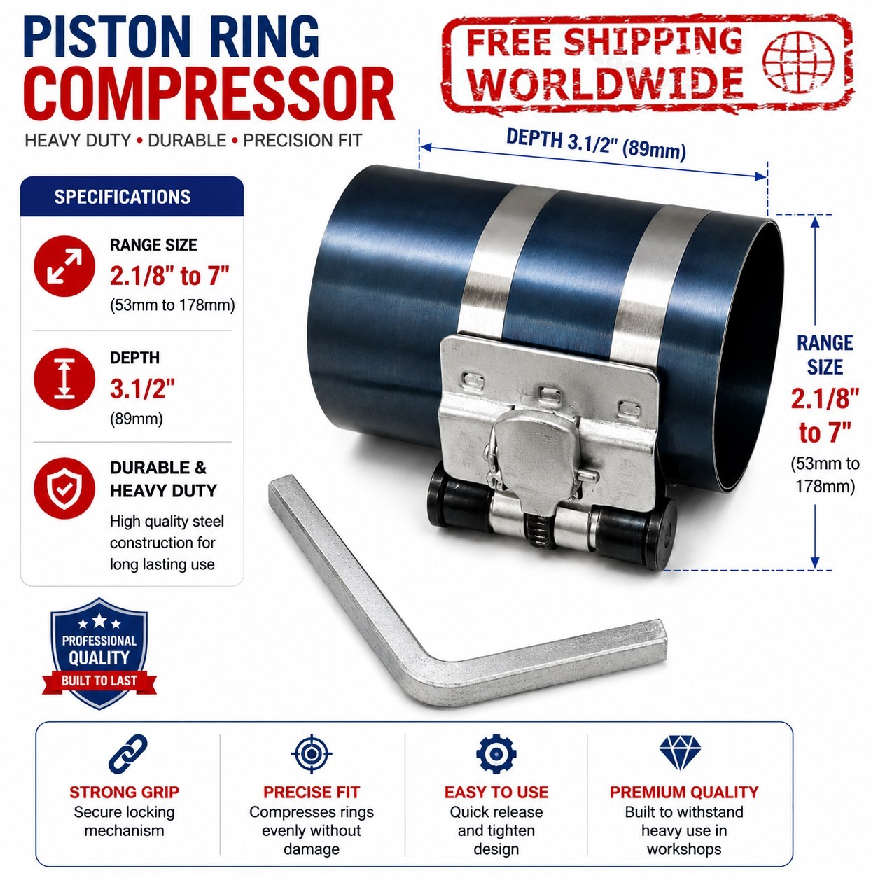 Piston Ring Compressor Professional Piston Install Tool with Wrench 2 1/8″ to 7″