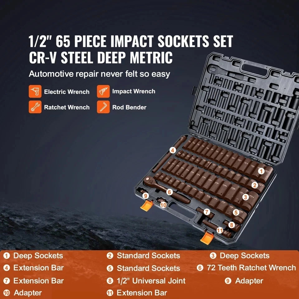 VEVOR Impact Sockets Set 65pcs 6-Point 1/2in Drive Bit Ratchet Tool Kit Case
