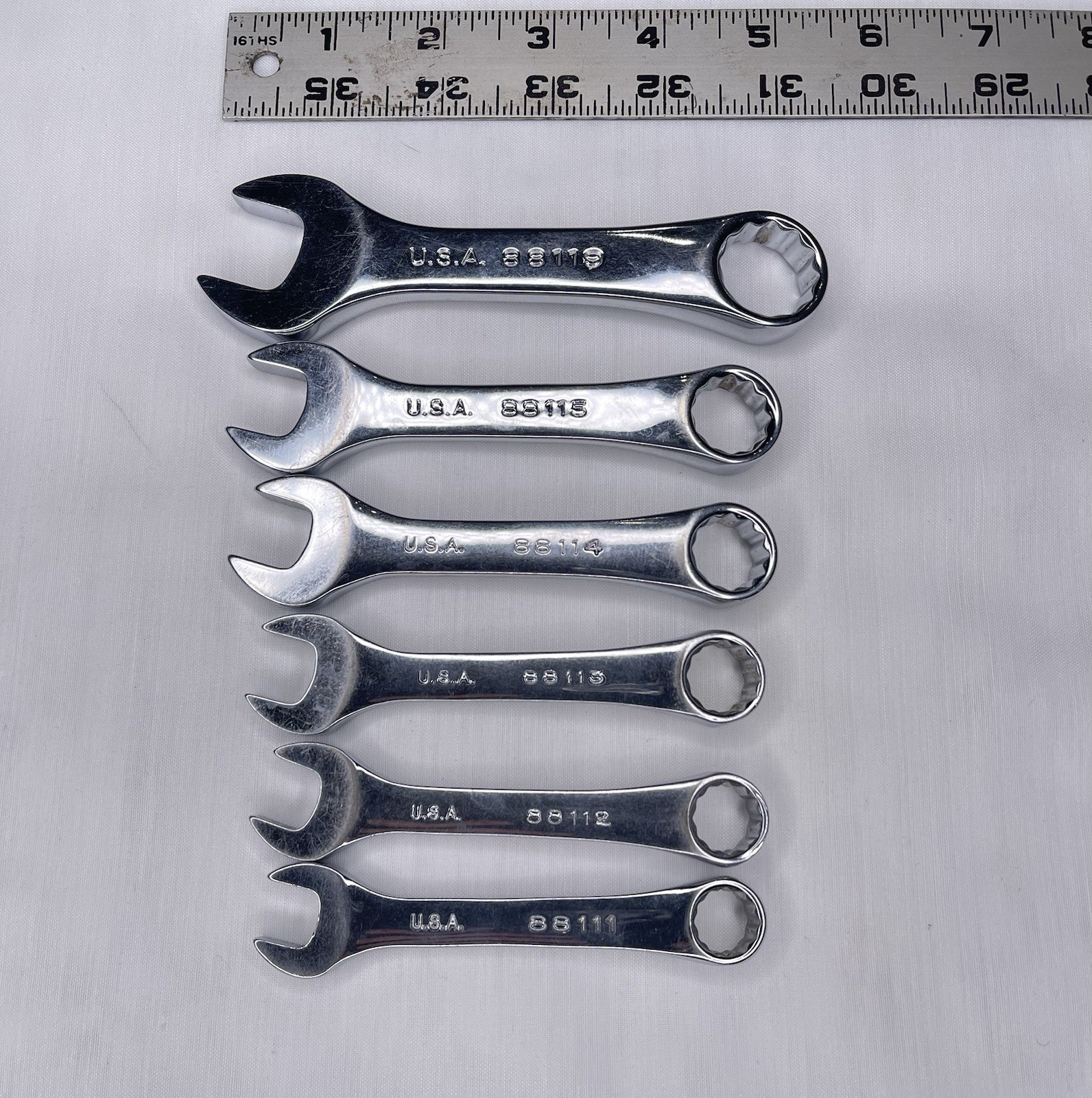 S-K Stubby Metric Combo Wrench Set of 6 Polished USA SK 11mm – 15mm, 19mm Clean