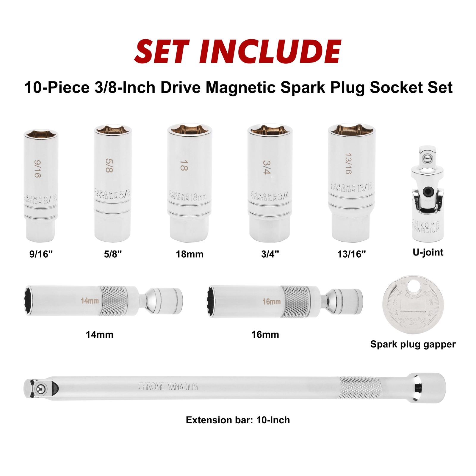 0PCS 3/8″Drive Magnetic Spark Plug Socket Set, 6PT&12PT Extension Bar CR-V Steel