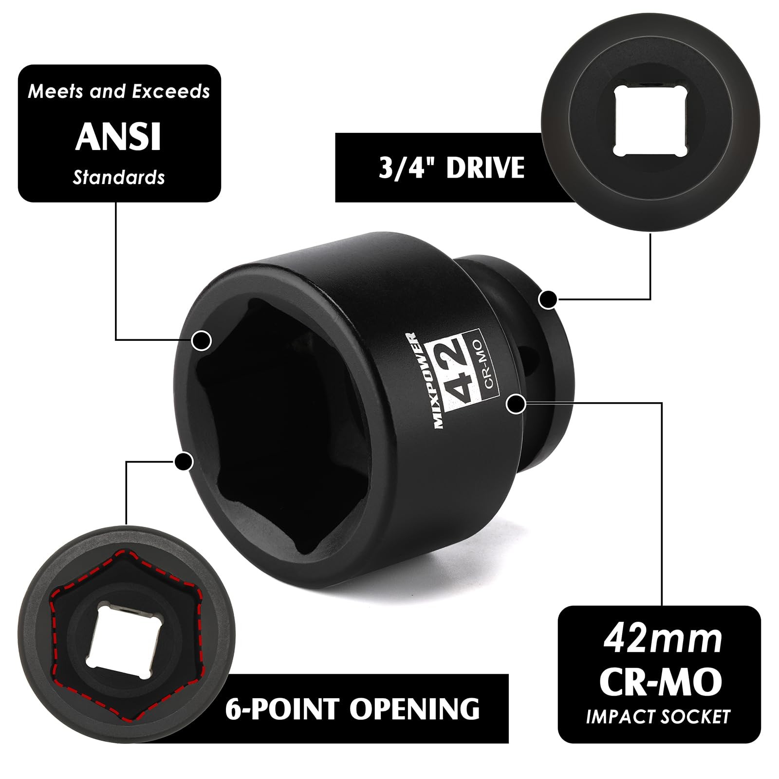 MIXPOWER 3/4″ Drive Shallow Impact Socket, 42mm, CR-MO, Metric, 42mm