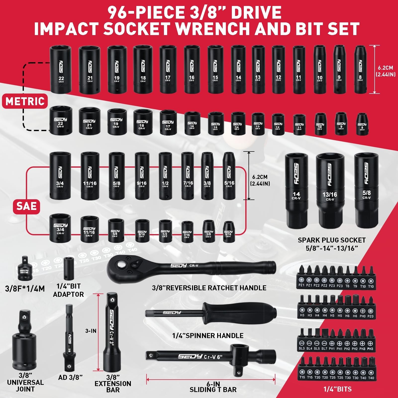 96-Piece Impact Socket Set 3/8″ Drive – SAE & Metric Sockets, Ratchet, Bits & Ad