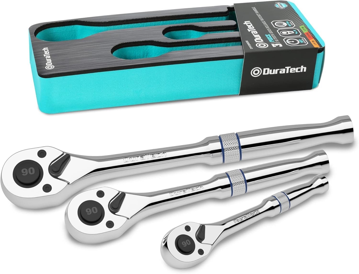 3-Piece Drive Ratchet Set 1/4 3/8 1/2 Inch 90-Tooth Quick Release Reversible Cr