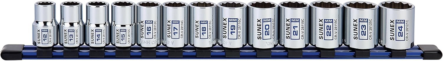 13Piece 1/2″ Drive Chrome Socket Rail 12Pt Metric Standard 1″