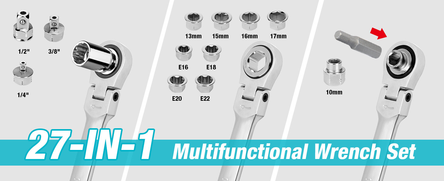 DURATECH 27PCS Extra Long Flex Head Ratcheting Wrench Set Double Box End 8-22mm