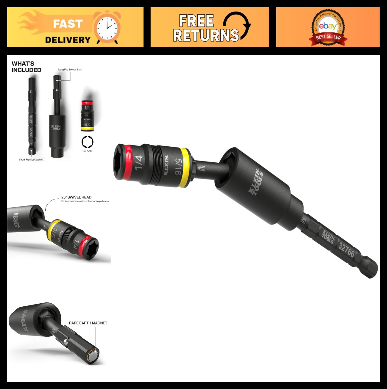 3-Piece Impact Flip Socket Set with Swivel Adapter, 25-Degree Head, 1/4 & 5/16-I