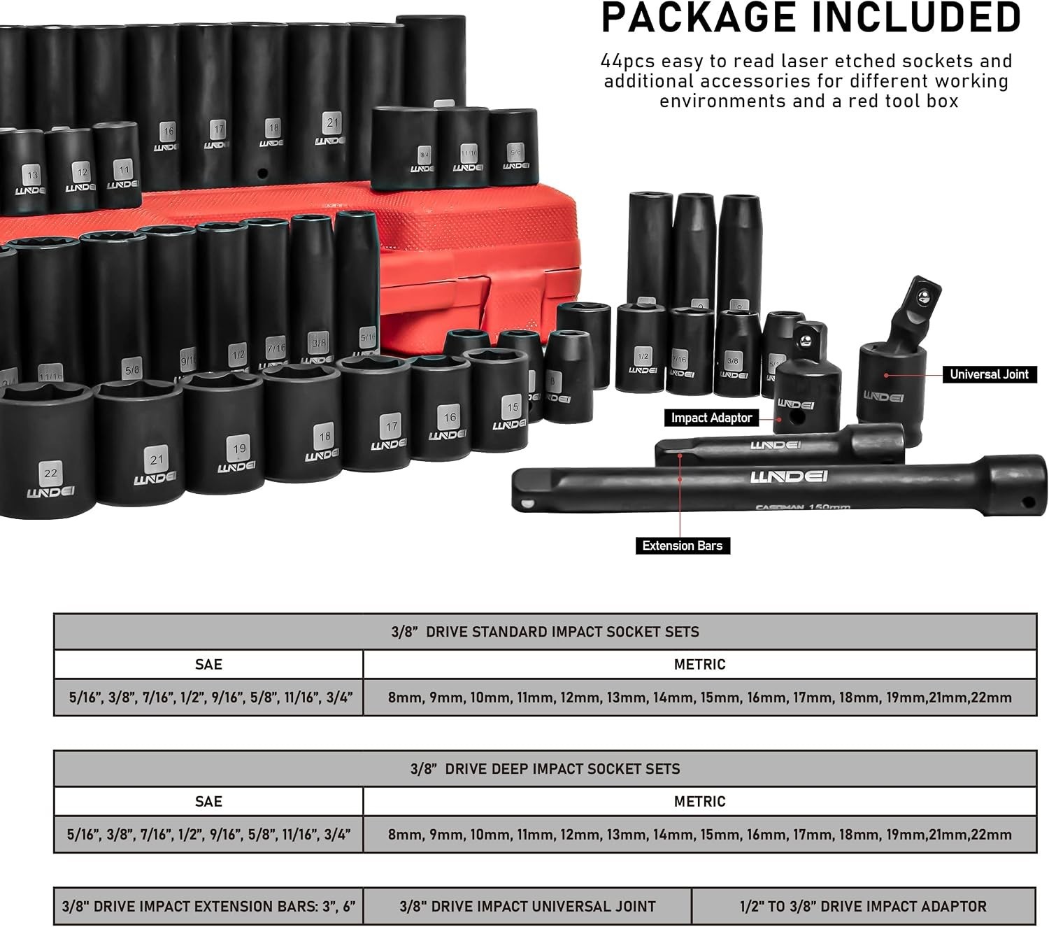 Chrome Vanadium Steel 3/8″ Drive Impact Socket Set