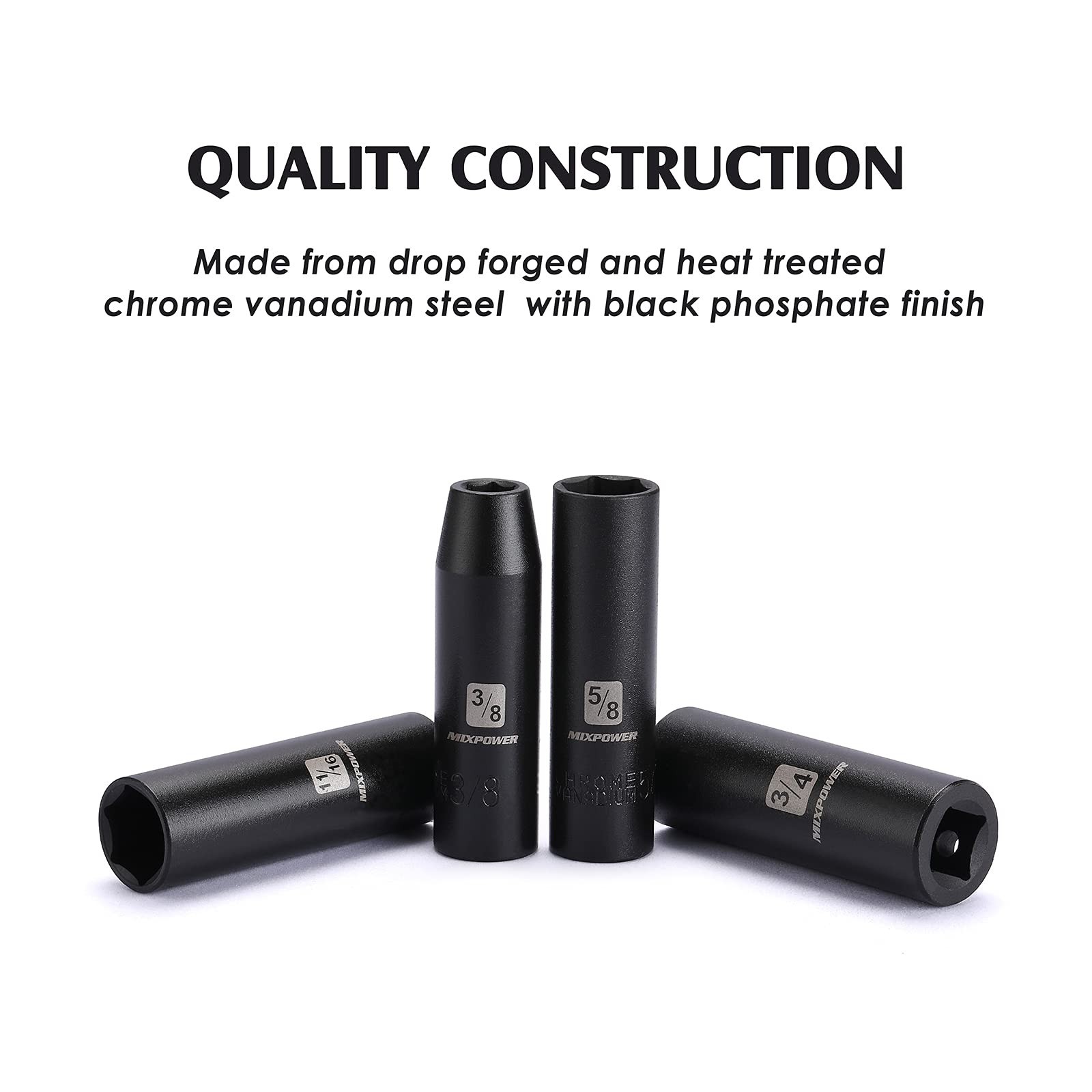 11-Piece 1/2″ Drive Deep Impact Socket Set, SAE CR-V 6 Point, 3/8″ to 1″ Sizes