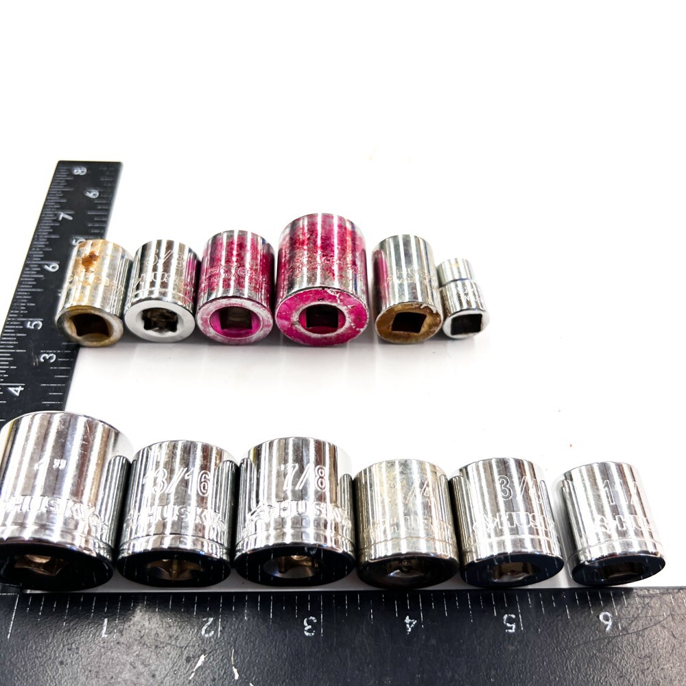 12 Pcs Husky CB 1228 USA and Various 3/8 in Drive, SAE Socket Tool Set, 12, 6 Pt