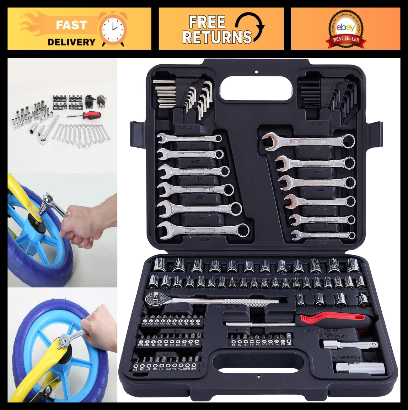 121-Piece Mechanic Tool Set – Metric & Standard Socket Wrench Kit for Home, Auto
