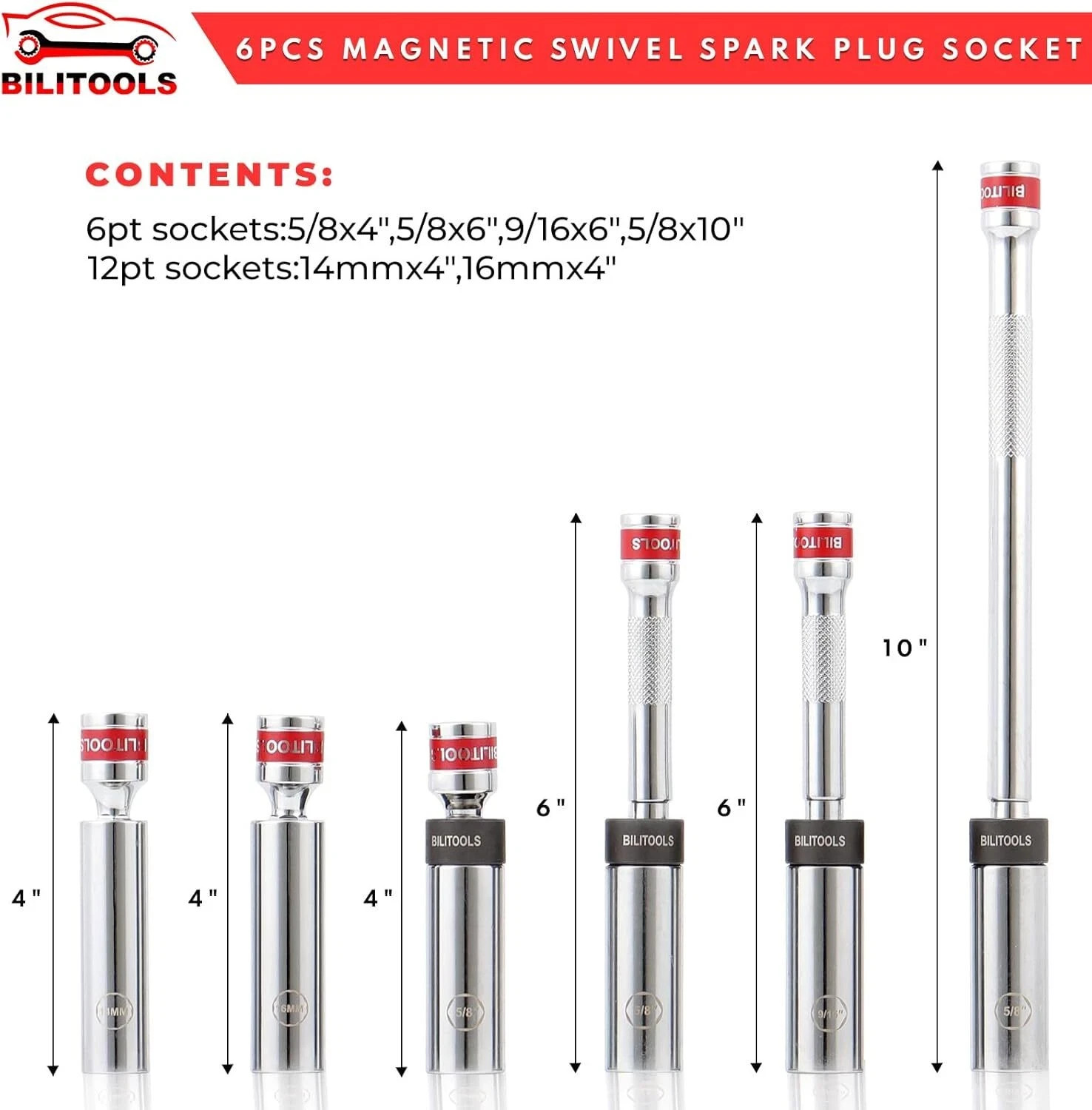 BILITOOLS 7pcs Magnetic Swivel Spark Plug Socket Set & Gap Tool, 3/8″ Drive | 9/