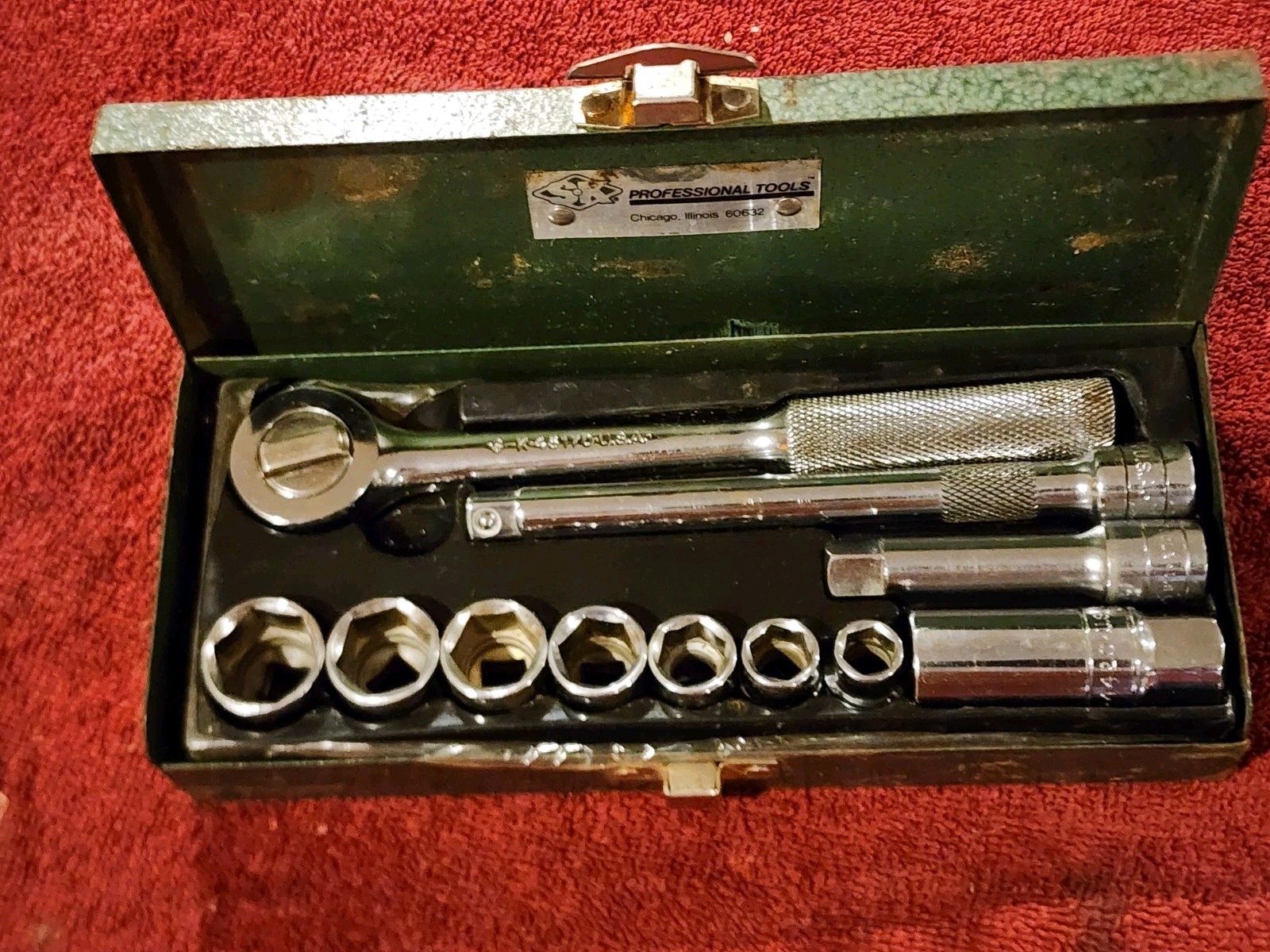 Vintage S-K 3/8″ Drive SAE Socket Set 6 Point, Made in USA, 11 Pieces + Box
