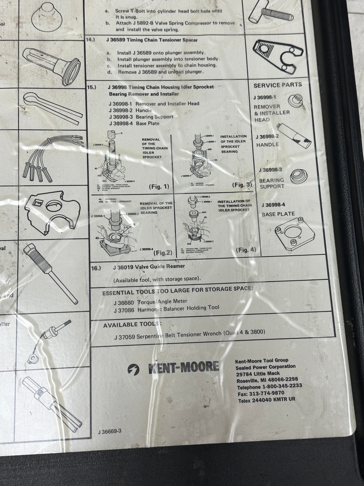 KENT MOORE J-36999 QUAD 4 DOHC ENG SPECIAL SERVICE TOOL SET & CASE, INCOMPLETE