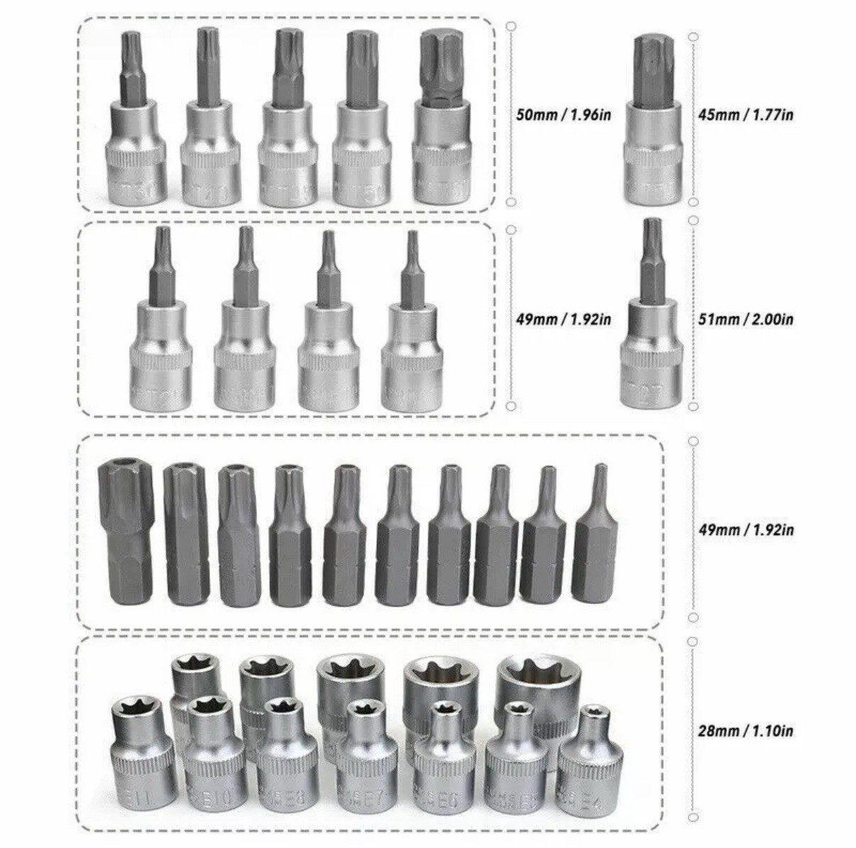 34 pcs Torx Star Sockets & Bit Set Male Female E-torx Security Bits 3/8 Drive