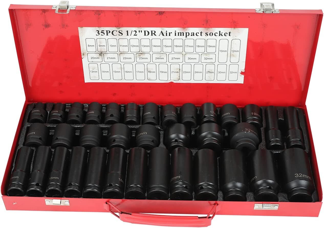 35pcs Deep Impact Socket Set 1/2″ Inch Drive 8-32mm Metric Garage Sae With Case