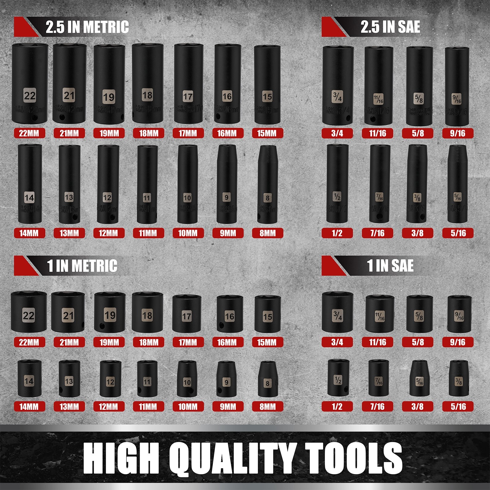 49PCS 3/8″ Drive Deep and Shallow Impact Socket Set, SAE & Metric, CR-V, 6-Point
