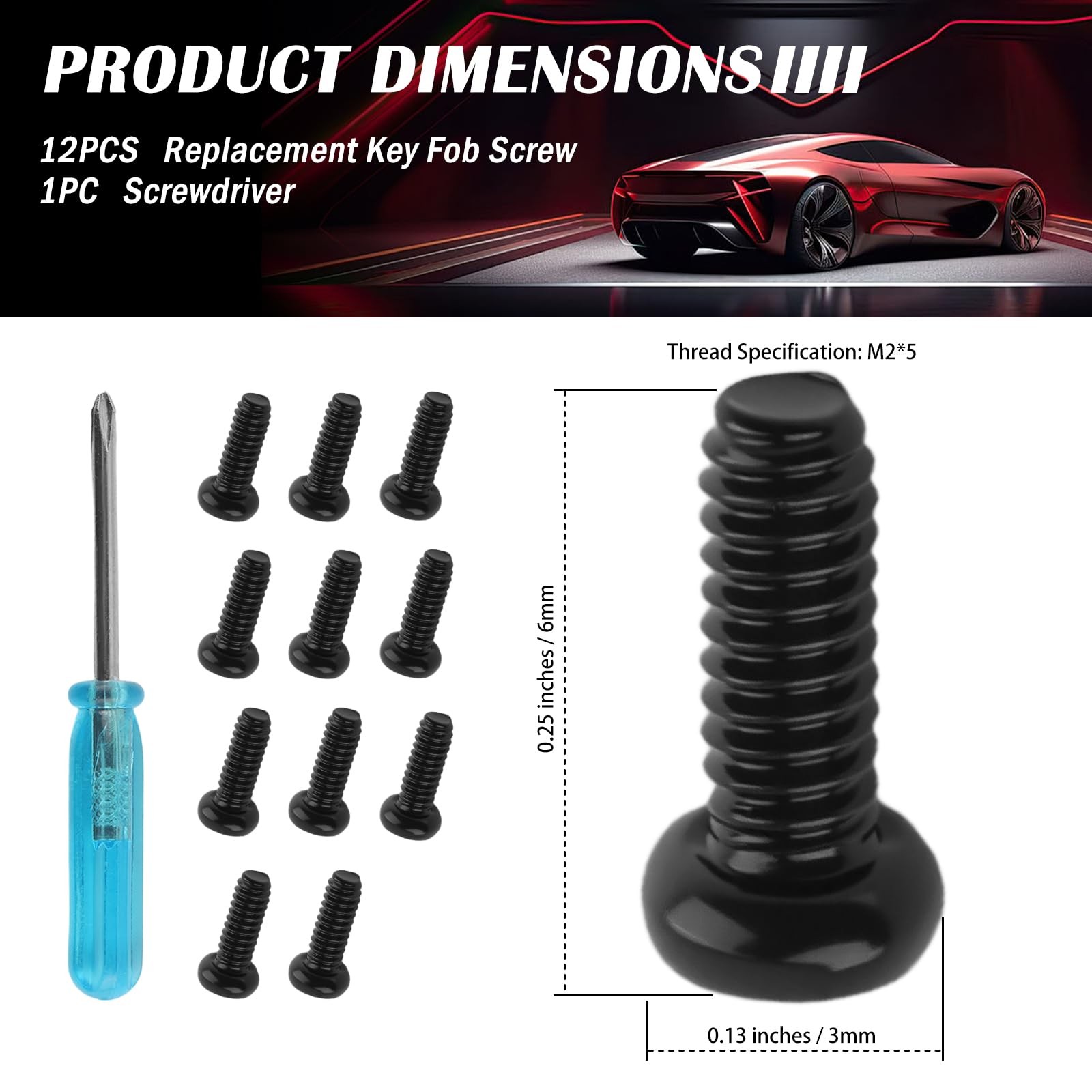 12PCS M2*5 Car Key Fob Screw 0.25×0.13×0.13 inch, Black