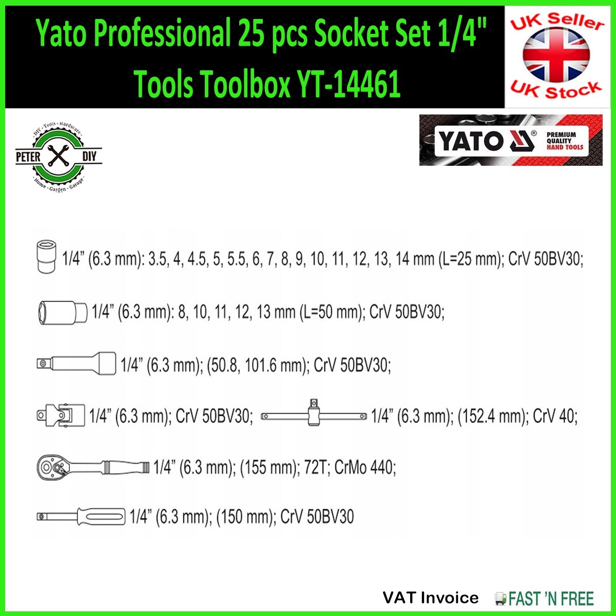 SOCKET SET RATCHET Yato Professional 25 pcs 1/4″ Tools Toolbox YT-14461