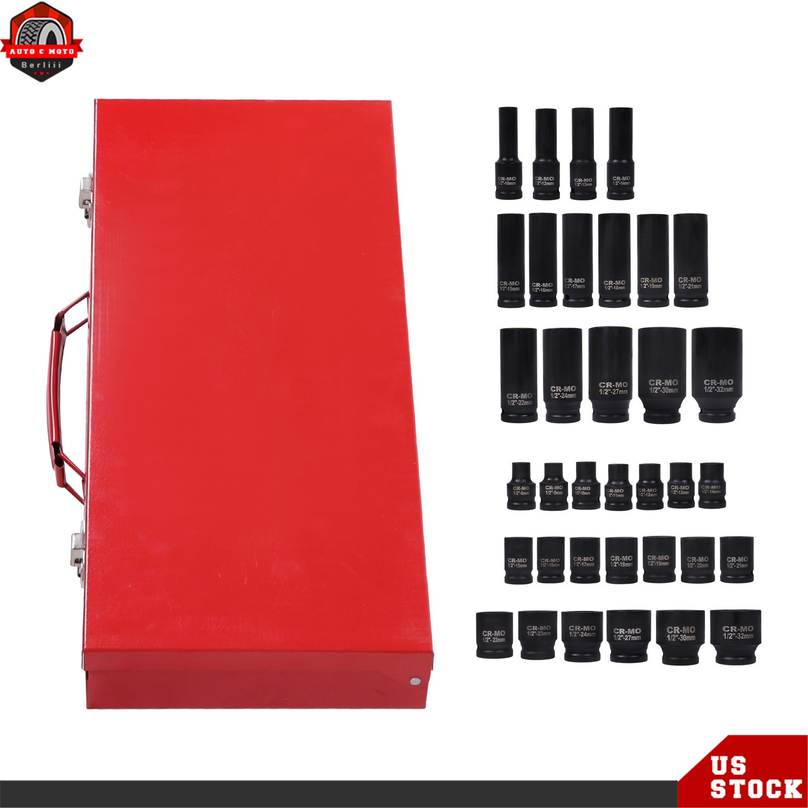 35pcs 1/2″ Inch Deep Impact Socket Set Drive 8-32mm Metric Garage With Case