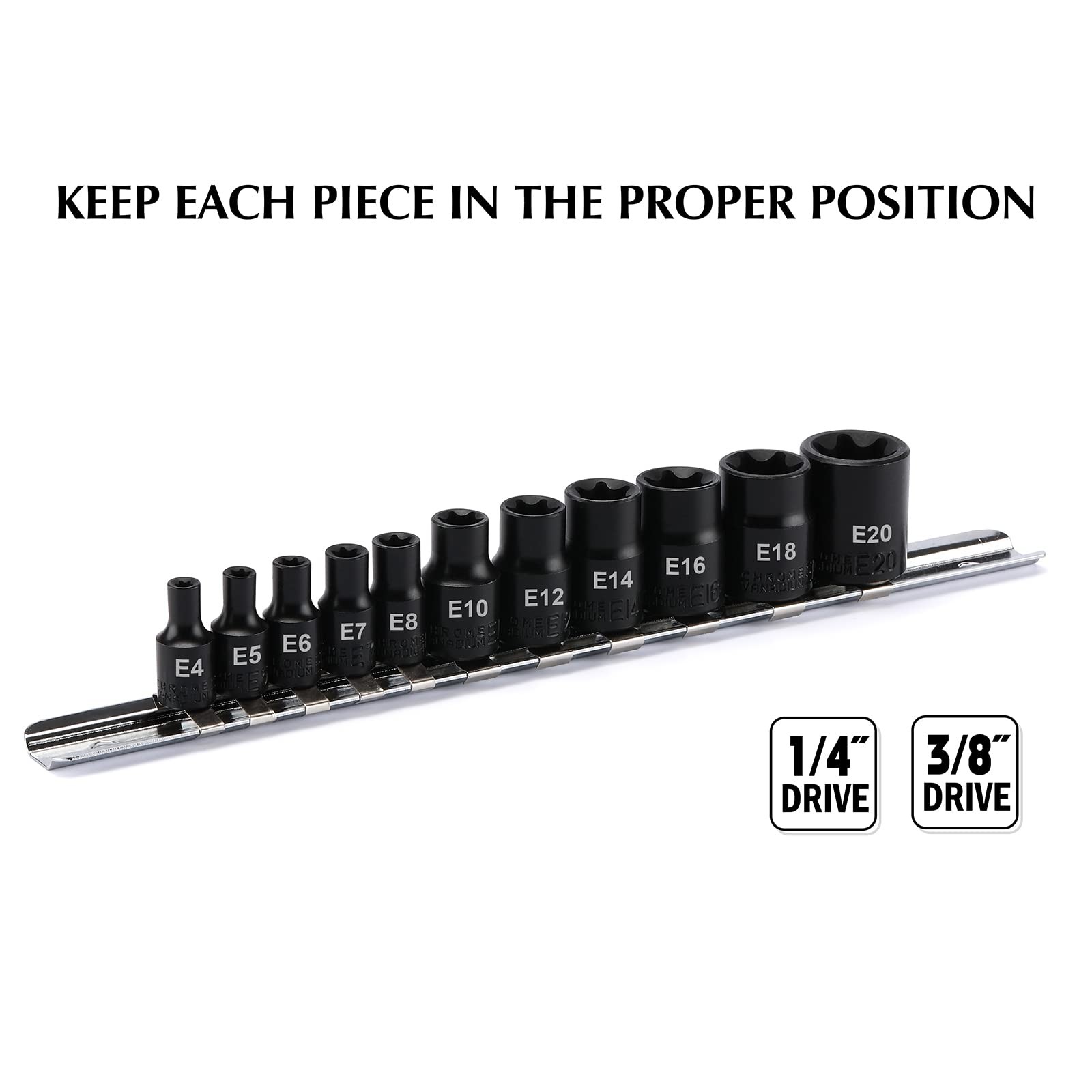 EMENTOL 11PCS E-Torx Socket Set with Rail, CR-V, 1/4″ and 3/8″ One Size