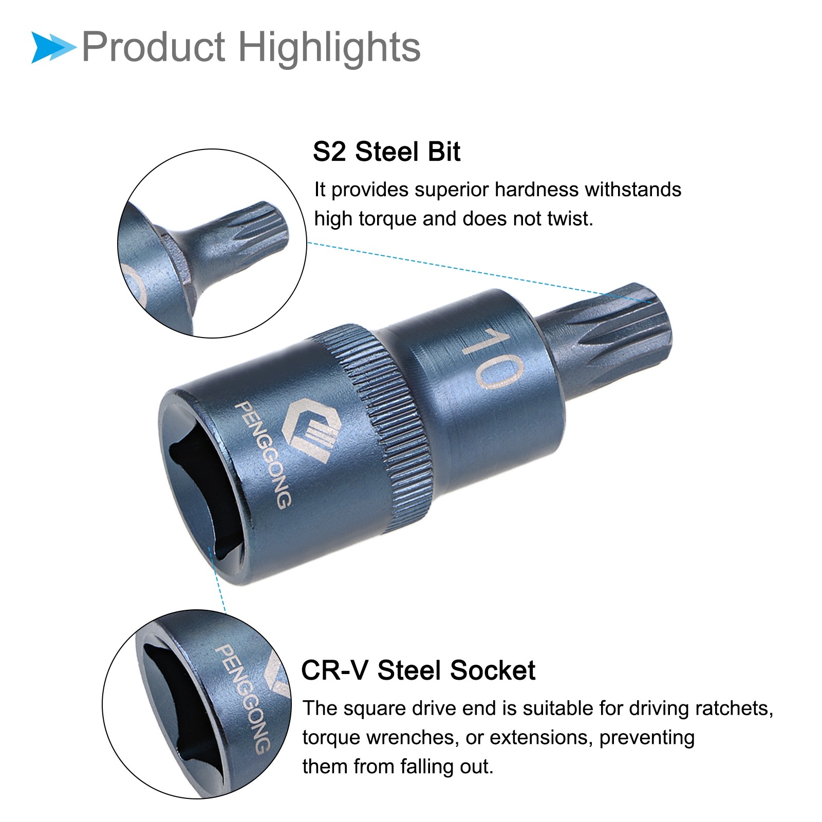 Triple Square Spline Bit Socket M10 Bit 1/2″ Drive 2″ Star S2 Alloy Steel Cr-V