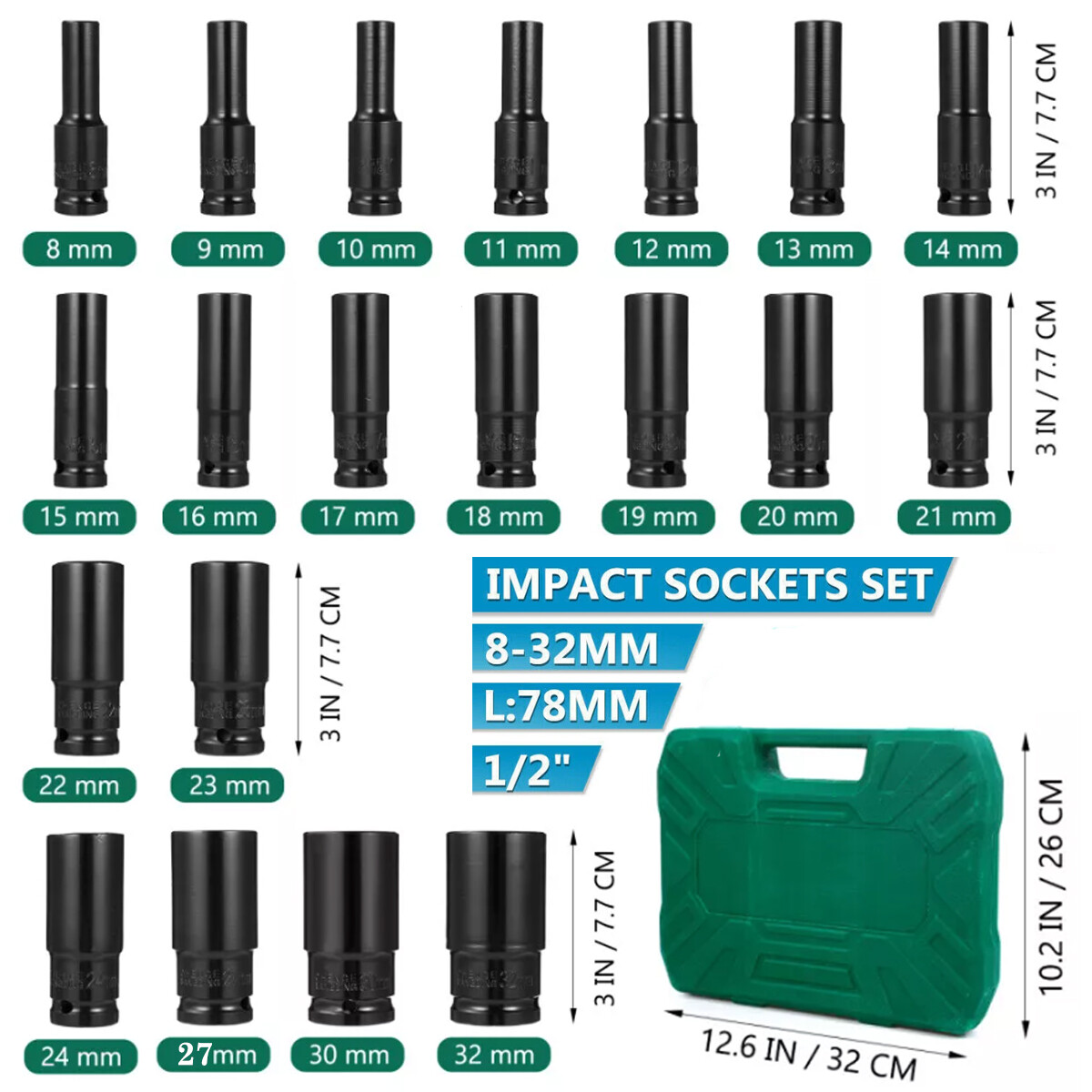 Impact Sockets Set 1/2 Inch Drive 20 PCS Metric 8 – 32mm Deep 6-Point Set w/case