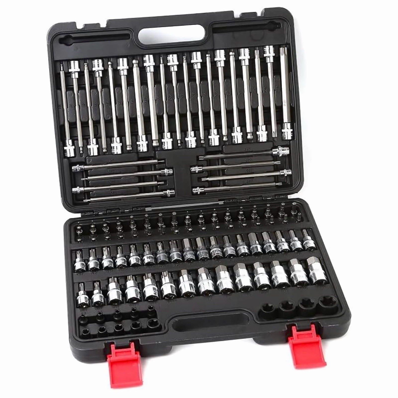 107-Piece Master Torx & Allen Bit Socket Set, S2 Steel, 1/4″ 3/8″ 1/2″ Drive
