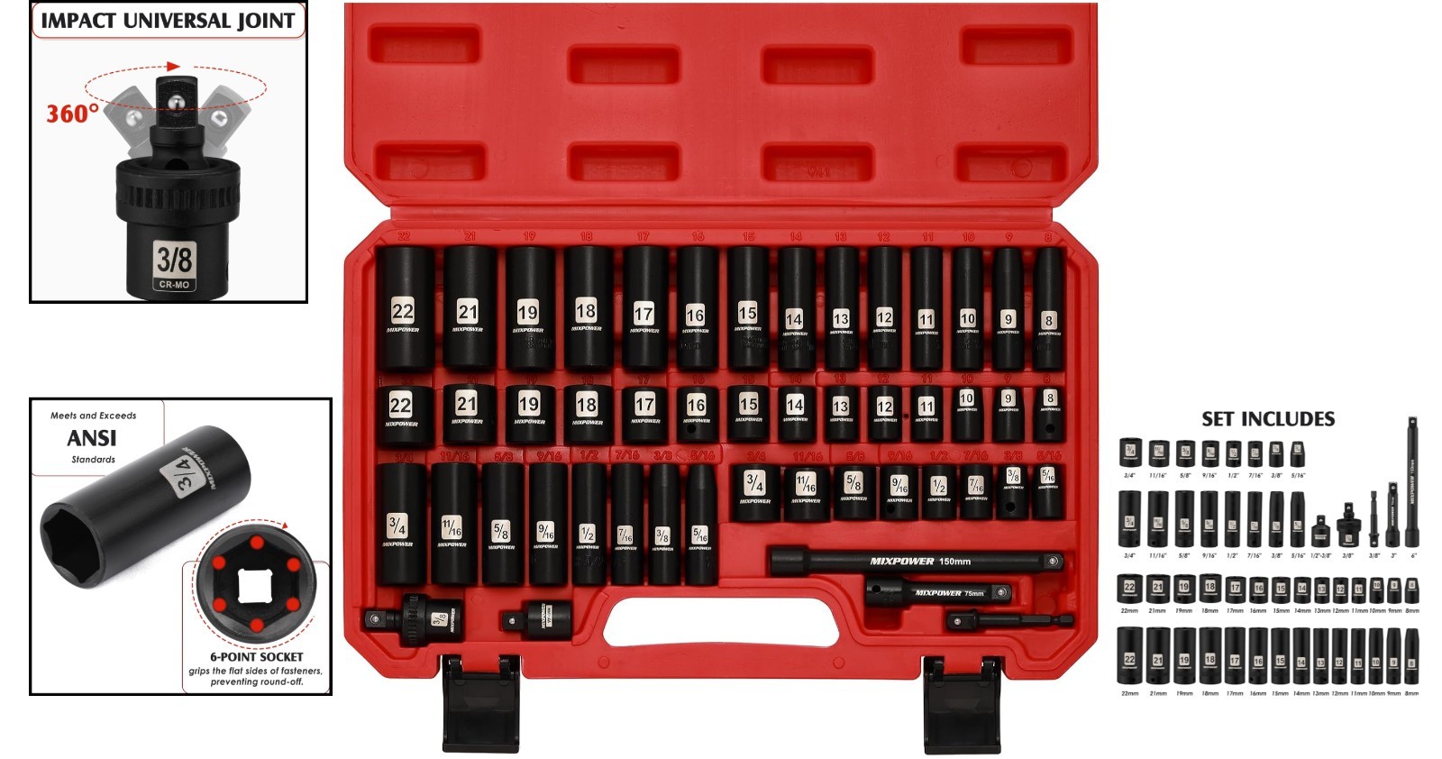 49-Piece Chrome Vanadium Impact Socket Set with 6-Point Design for Mechanics