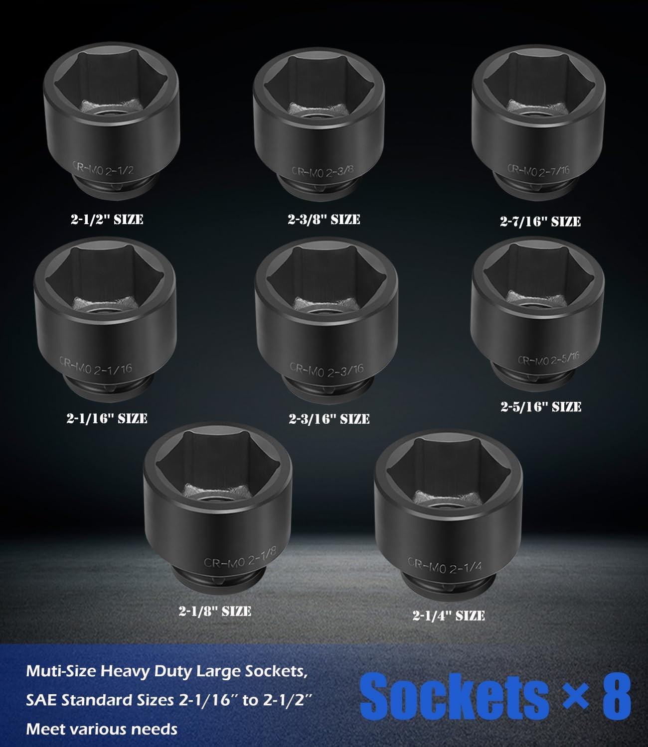 8pcs 3/4″ Drive Jumbo Deep Large Impact Socket Set 6 Point SAE 2-1/16″ to 2-1/2″