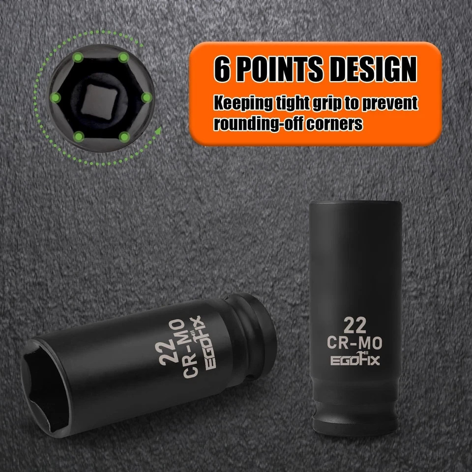EGOFIX 22mm Socket 1/2″ Drive Deep Impact Metric Socket,CR-MO 22mm,